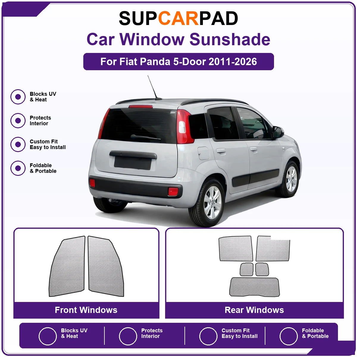 For Fiat Panda 5-Door 2011-2026 Pre‑Cut Auto Window Sunshade Anti‑UV Car Sun Visor Protector