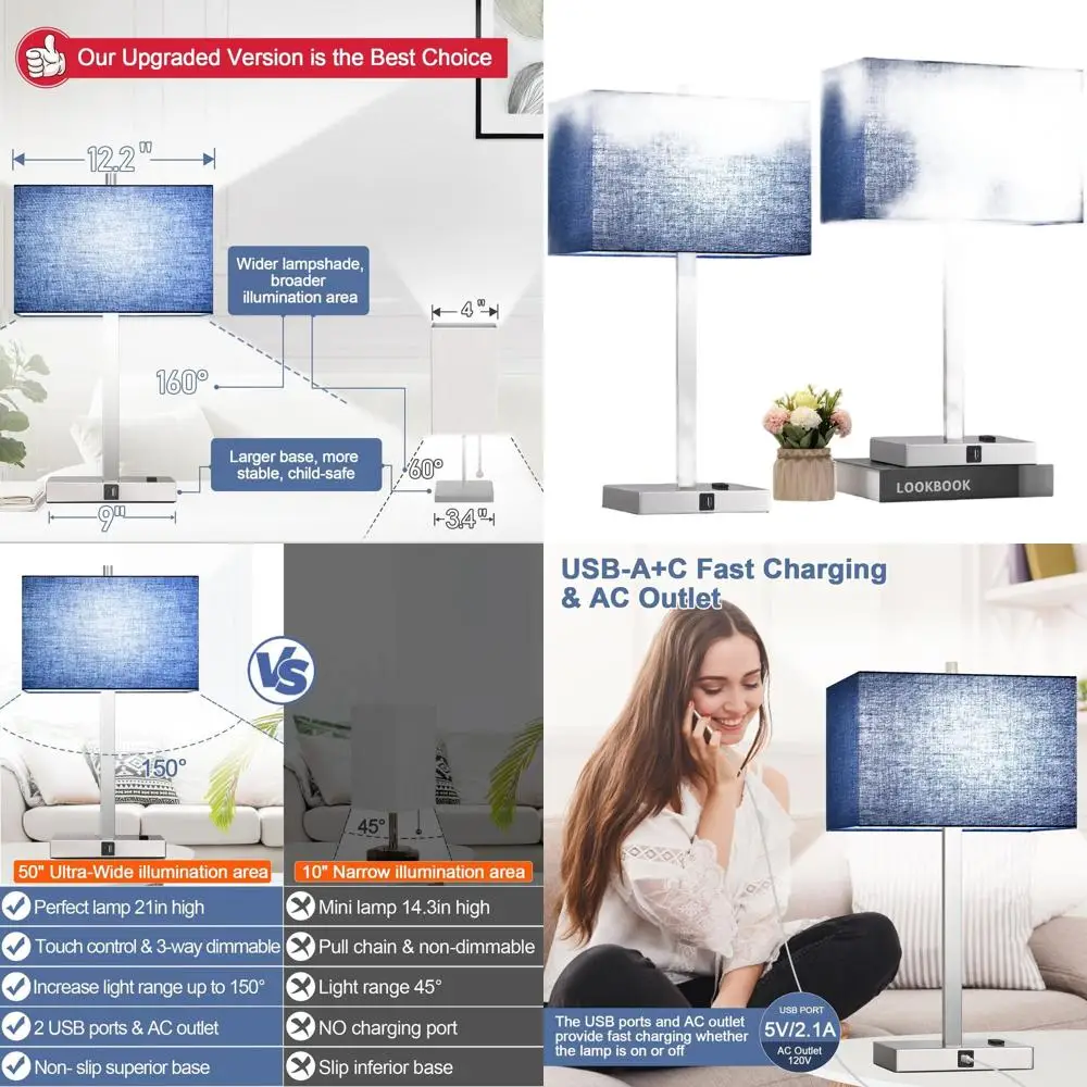 

21 Dual Table Lamps with USB A+C Ports, AC Outlet, Touch Control, 3-Way Dimmable, Nightstand or Bedroom Reading, Blue Shade, 500