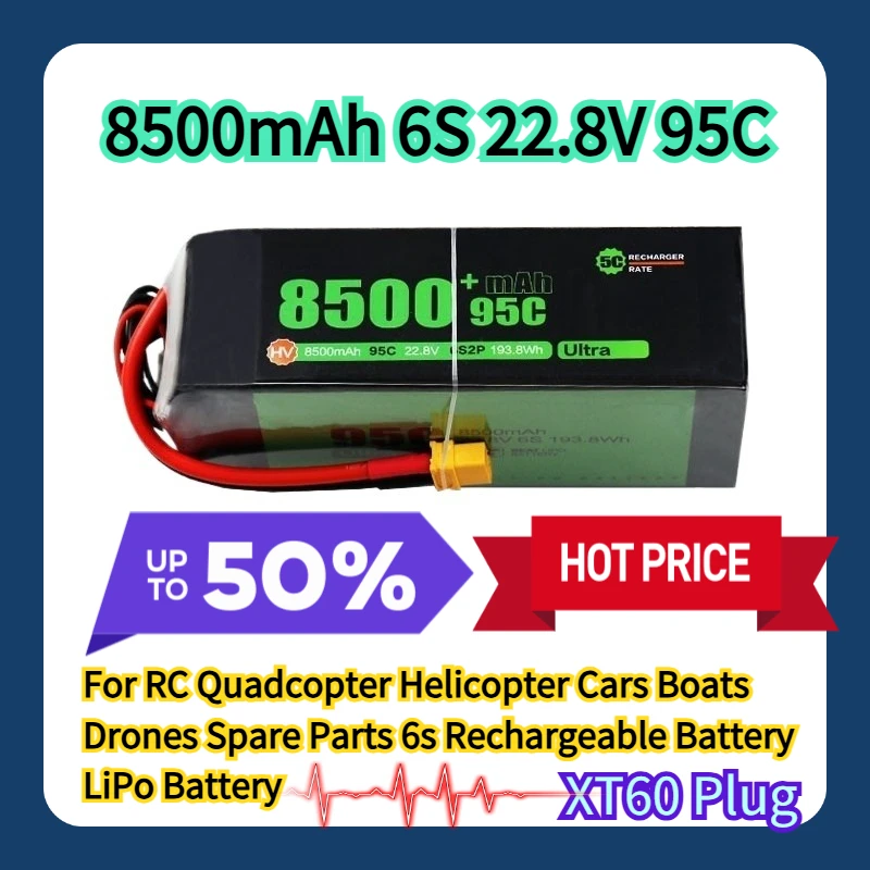 

For RC Quadcopter Helicopter Cars Boats Drones Spare Parts 6s Rechargeable Battery XT60 Plug 8500mAh 6S 22.8V 95C LiPo Battery