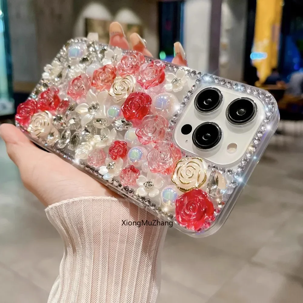 블링 꽃 진주 전체 라인 석 사용자 정의 케이스 삼성 S9 S9 플러스 S8 S8 플러스 S7 가장자리 참고 20 울트라 참고 10 프로 10 라이트 9 8