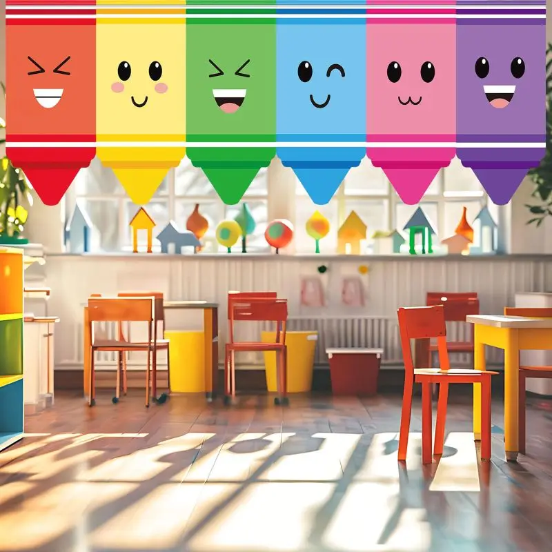VIKAMA Cartoon Crayon Face Pennant Banner Colorful Fabric Wall Hanging Kindergarten Classroom Back To School Window Decor