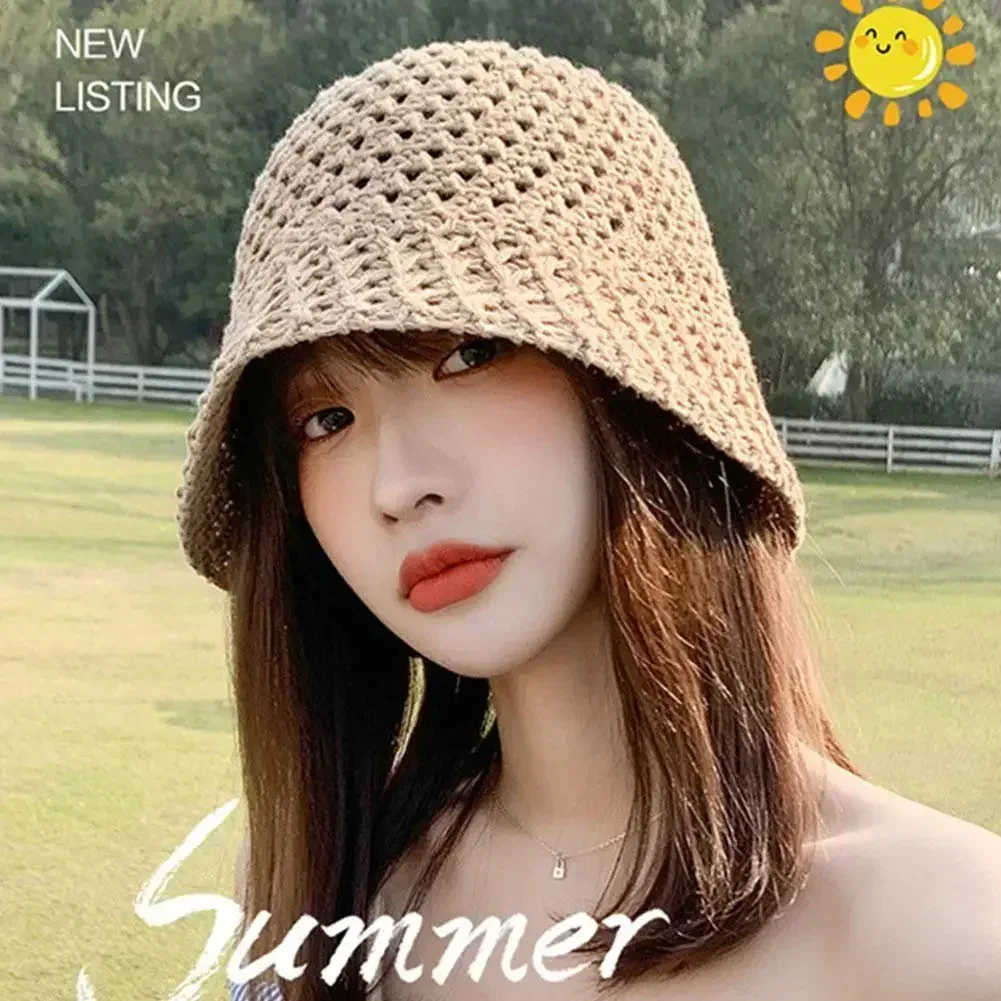 

Summer Wide Brim Floppy Hats Folding Women Beach Straw Beach Bucket Hat Fashion Hollow Fisherman Cap 6 Color