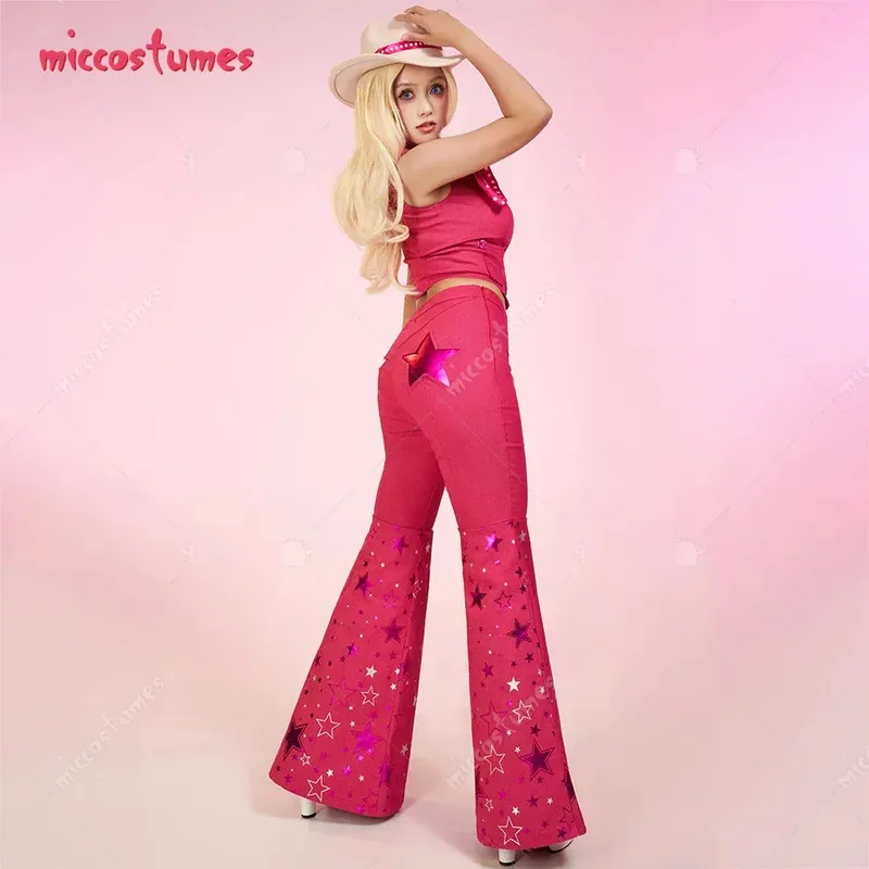 

25COSMiccostumes Women's Doll Cosplay Costume Pink Western Outfit Vest Pants with Cowboy Hat Scarf Ear Clips
