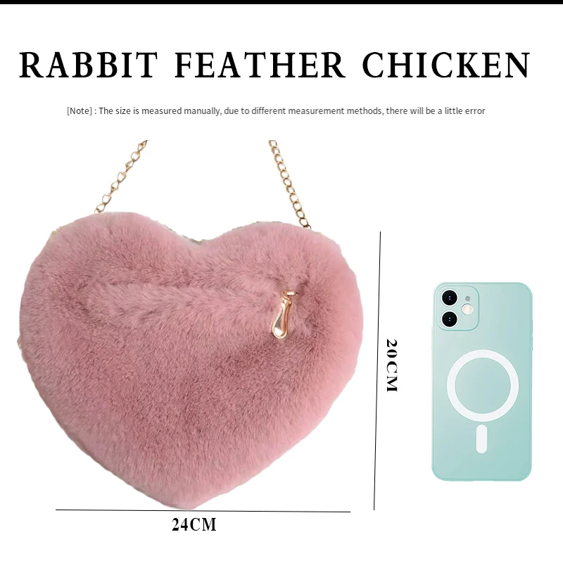 Fashion Women's Heart Shaped Handbags Cute Shoulder Bag Fashion Plush Chain Bag Handbag Zipper Purse for Valentine's Day Gift