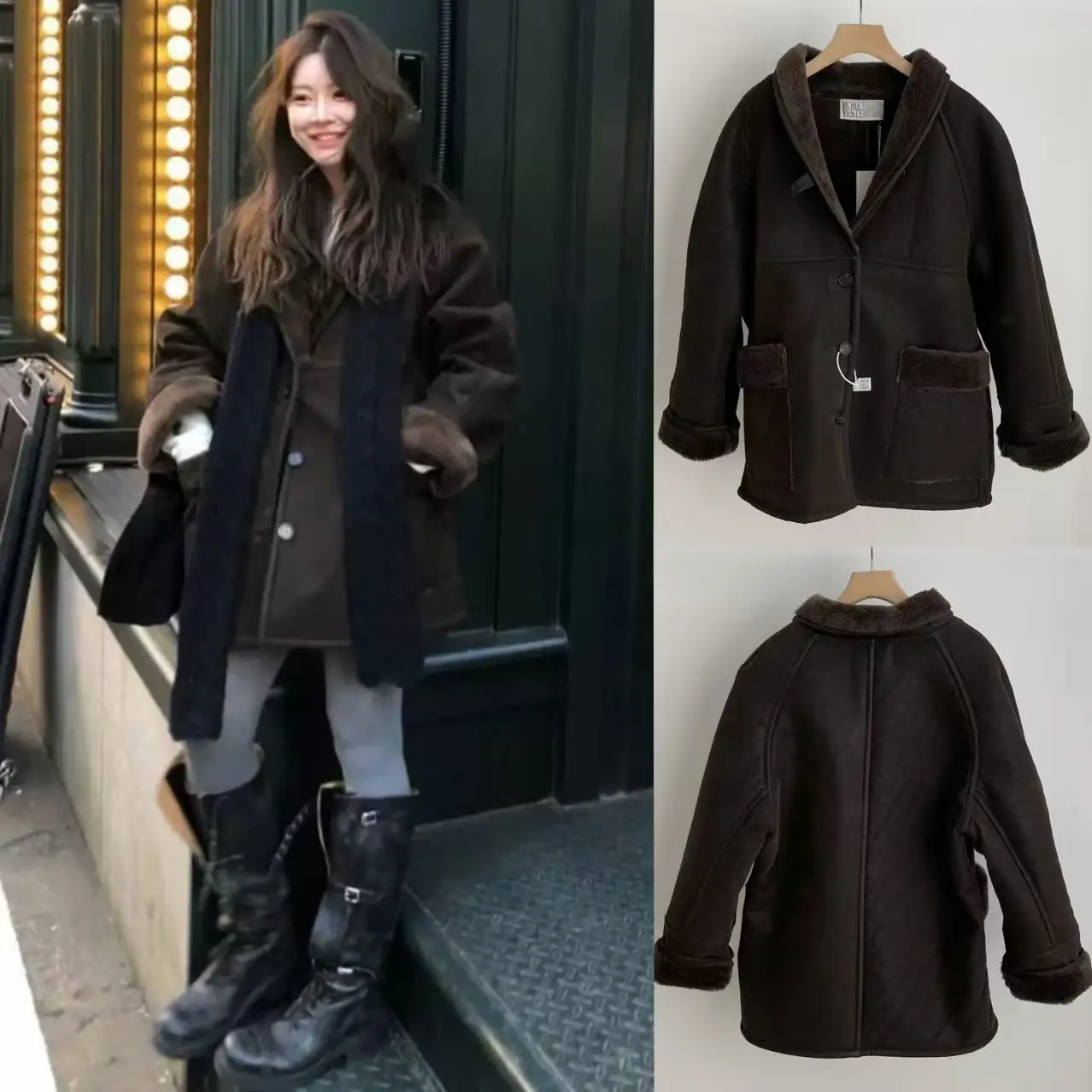 

Warm Brown Bear Coat Inteated Leather And Fur V-Ne Korean Sle Women's ort Outerwear Long Sve Medium Length