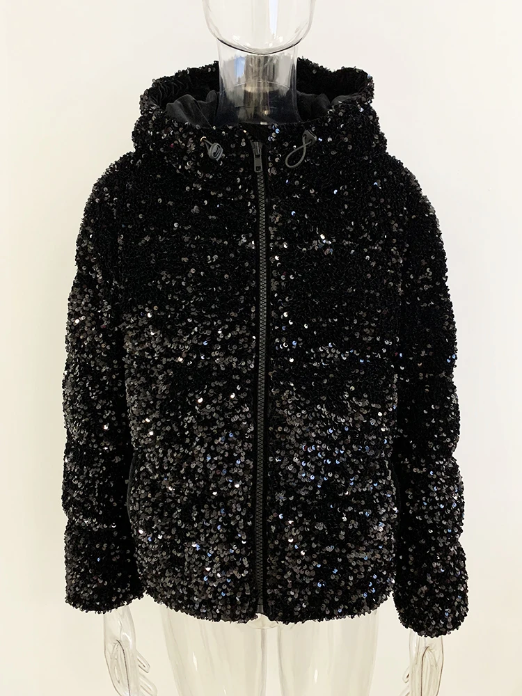 HIGH STREET Newest 2024 Winter Coat Women\'s Sparkle Sequined Hoodie Puffy Down Jacket