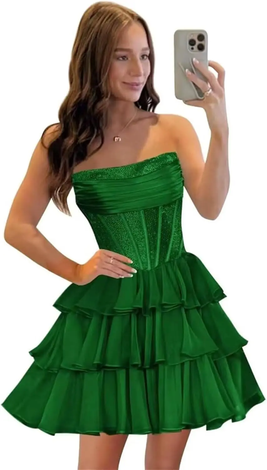 

Шифоновые многоярусные платья с блестками для встречи выпускников | Платья-трапеции Корсет с рюшами и блестками Короткие платья для выпускного вечера Мини-коктейльные платья