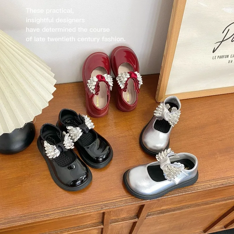 Autumn Toddler Mary Jane Leather Shoes for Girls Glossy Crystal Bow Decor Kids Princess Party Shoes