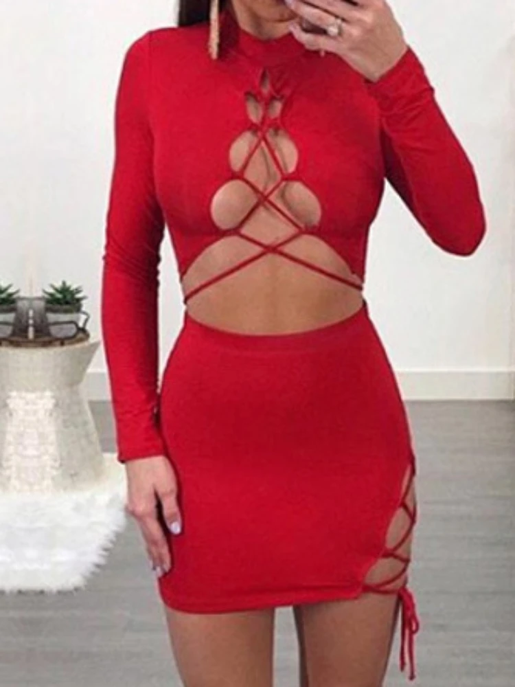 Sexy Cross Bandage Hollow Out Elastic Slim Bodycon Dress Women Long Sleeved Solid Color Mini Dress Evening Club Party Vestidos