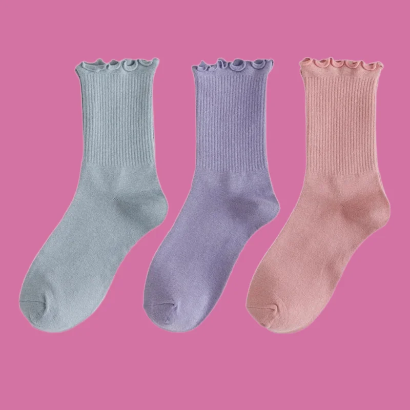 

6/12 Pairs Lace Cute Socks Cotton Autumn Winter Solid Color Long Breathable 2024 Women High Quality Mid Tube Women Ruffle Socks