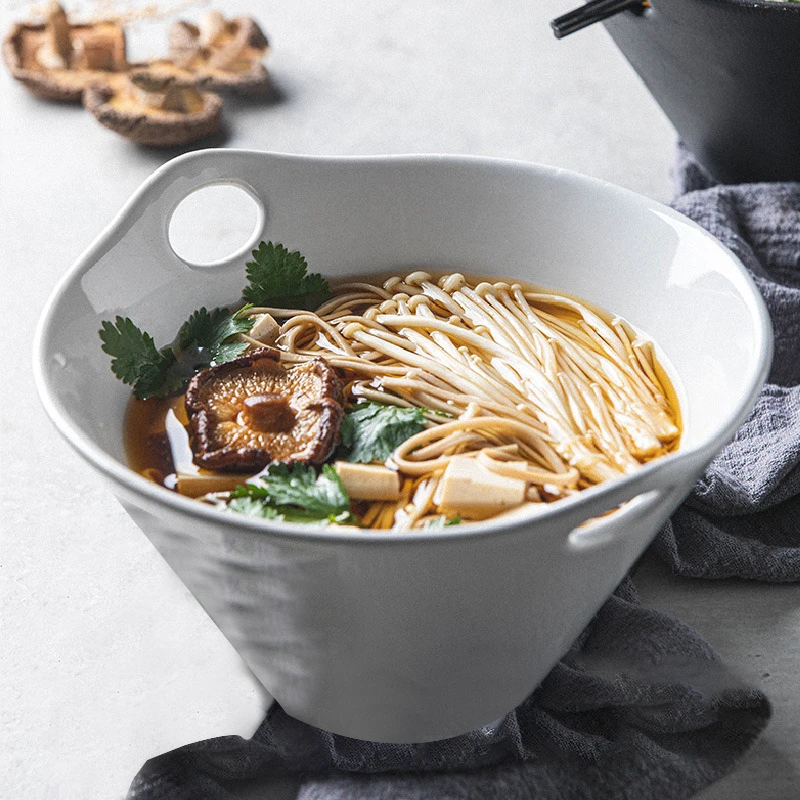 

Double Ear Soup Bowl Household 2022 New Noodle Bowl Ceramic Salad Bowl High Appearance Level Japanese Style Ramen Bowl