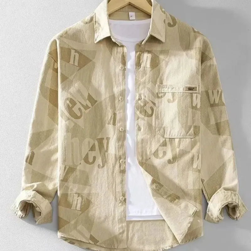 

Весенняя новая модная повседневная тонкая мужская рубашка с длинными рукавами с буквенным принтом, тонкая