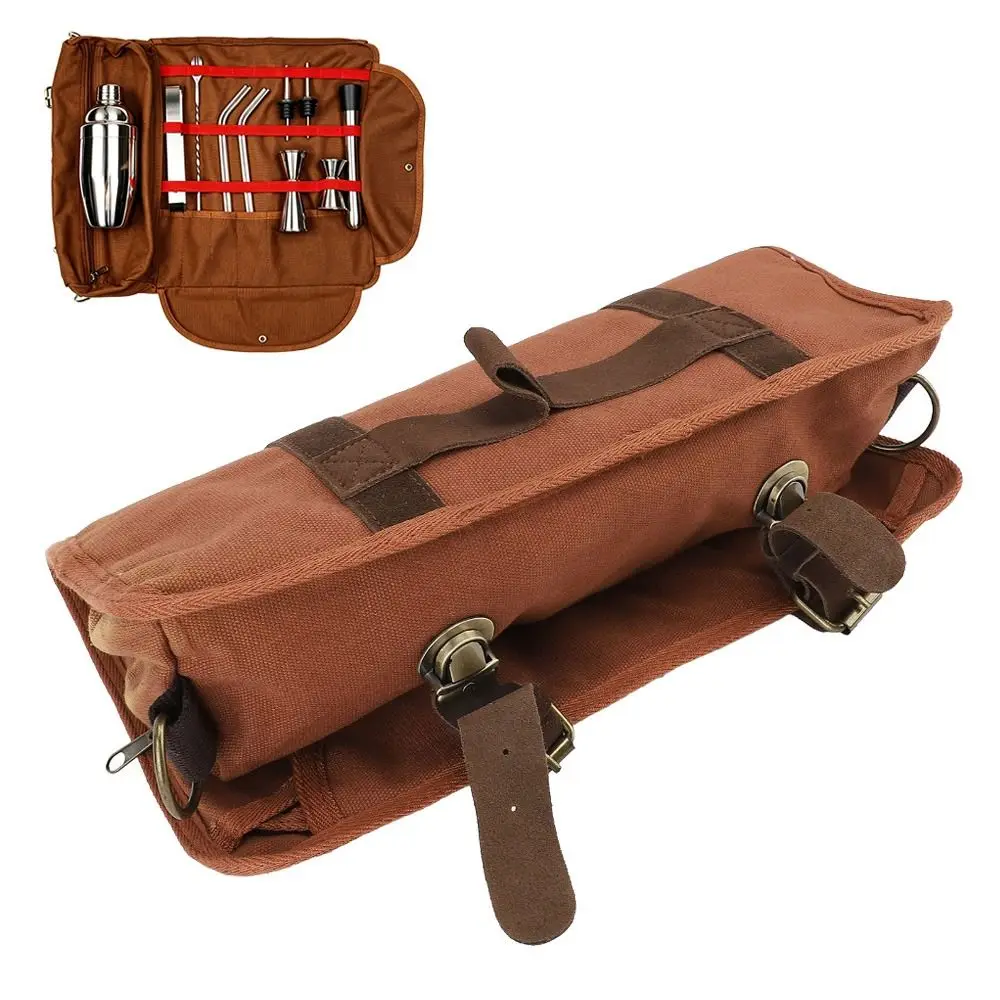 Canvas Leather Bartender Tool Bag Roll-Up Design Adjustable Strap Travel Bartender Kit Bag Multiple Storage Compartments