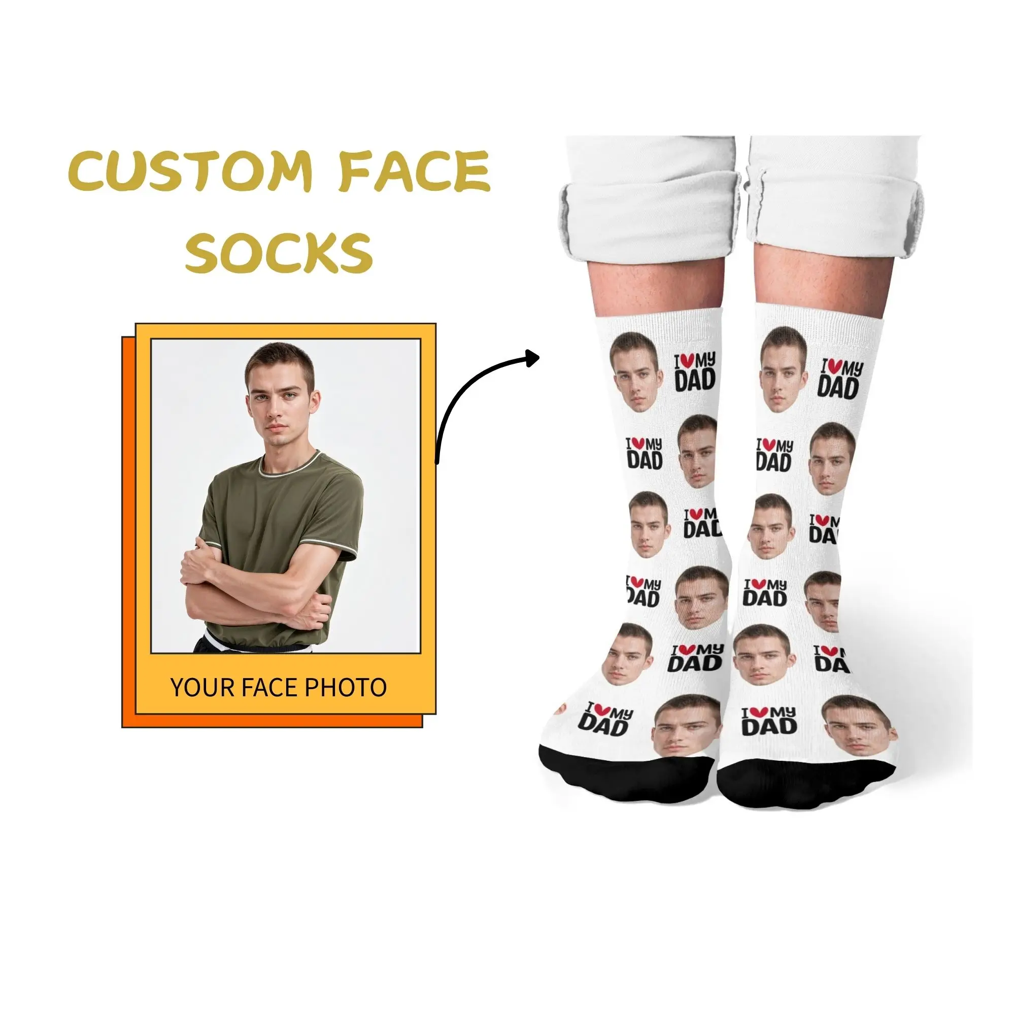 

Custom “I Love My Dad” Face Print Crew Socks Personalized Father’s Day or Birthday Gift with Dad’s Photo on White Wonder Memory
