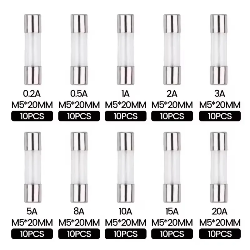 100PCS Glass Fuse Box 5*20MM 10 Different Resistances Each 10 Pieces Fuse Tube 0.2A-20A