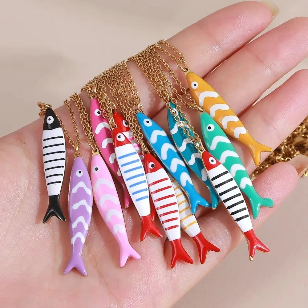 Stainless Steel Stripe Fish Charms Pendant Lightweight Enamel Marine Organisms Jewelry Cute Style Lovely Design Layered Necklace