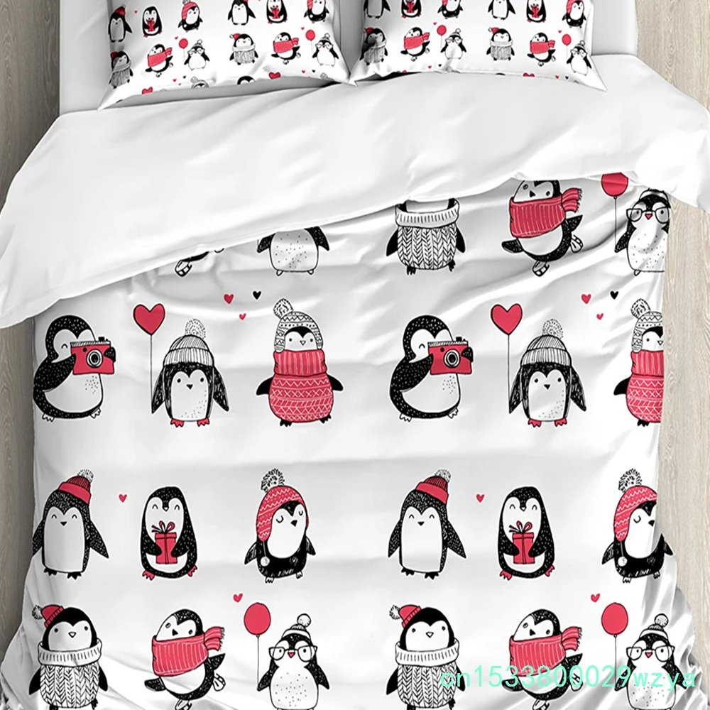 Winter Bedding Set For Bedroom Bed Home Cute Penguins Hand Drawn Style Set Merry Christma Duvet Cover Quilt Cover And Pillowcase