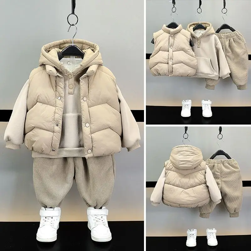 3 PCS Set Autumn Winter Boys Girls Warm Thick Vest+Shirt+Corduroy Pants Kids Children Baby Gentleman Handsome Streetwear Clothes