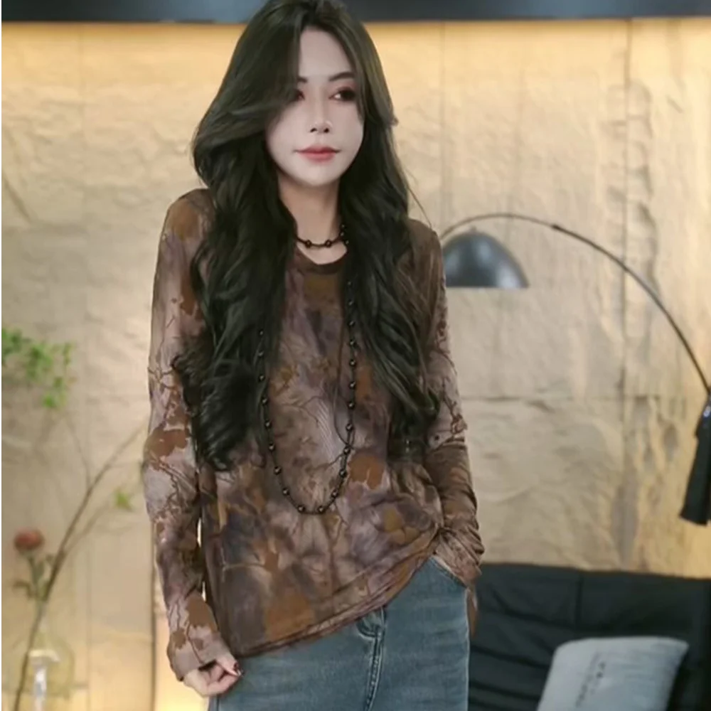 تي شيرت بأكمام طويلة للمراهقين والنساء بحاشية بتلات ربيعية وخصر برباط وطيات بسيطة وطبقات منعشة وبسيطة ونظيفة حضرية #1