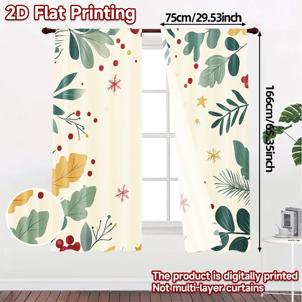 2pcs,Curtains Christmas Berries Greenery Stars Chic Fashionable Curtains Polyester Curtains Versatile All for Season Home Decor