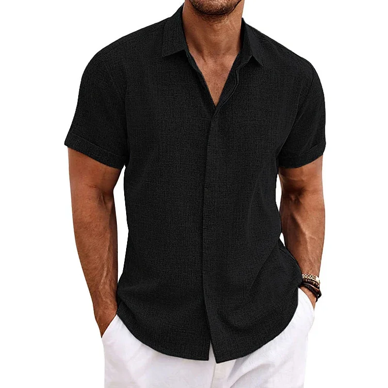 Cotton Linen Hot Sale Men\'s Short-Sleeved Shirts Summer Solid Color Turn-down Collar Casual Beach Style Plus Size