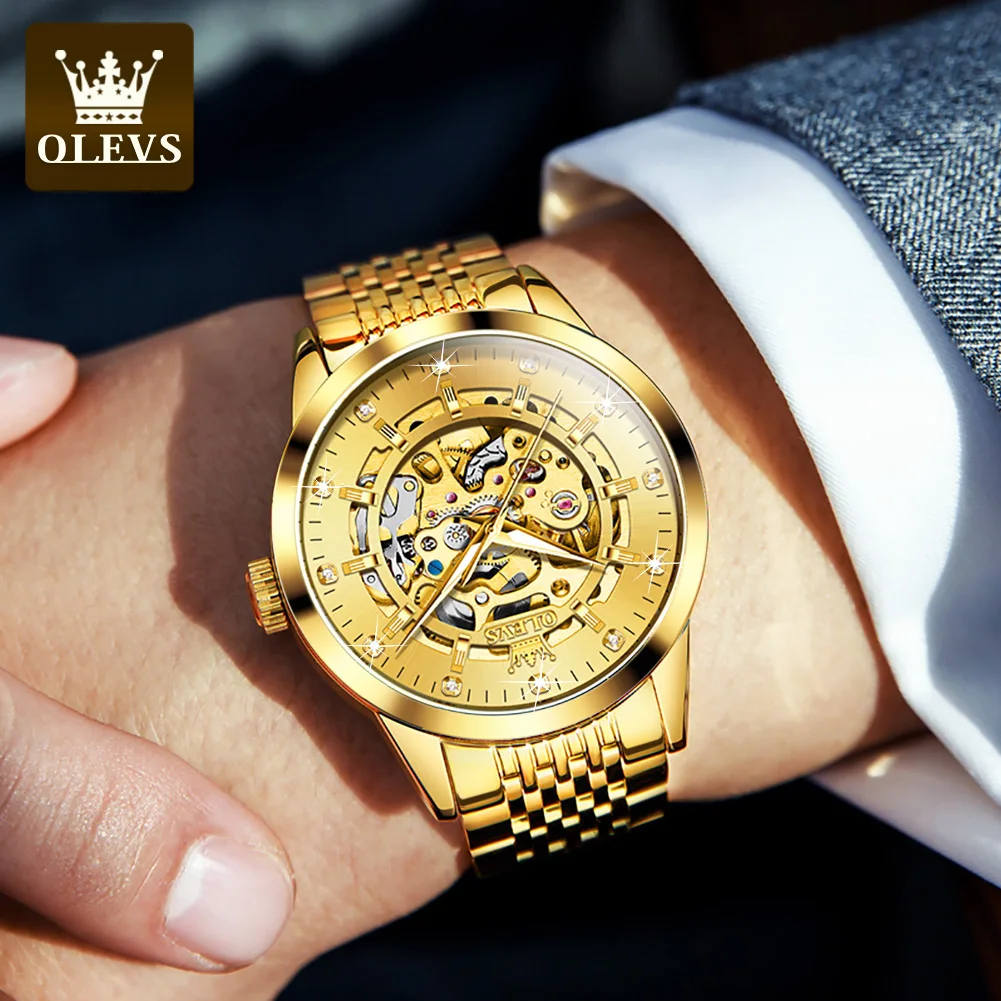 OLEVS Luxury Brand Gold Skeleton Automatic Mechanical Watch Fashion Business Stainless Steel Waterproof Luminescent Men\'s Watch