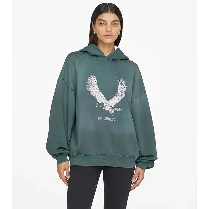 Nueva ropa de invierno para mujer de América del Norte, lavado AB, agua, Spray verde, mono, Color frito, estampado de águila, forro polar para hacer una vieja Sudadera con capucha