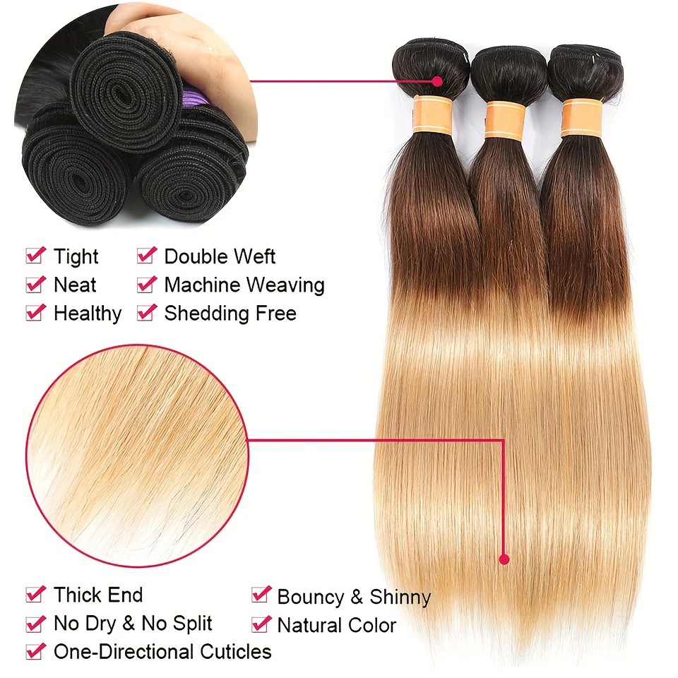 1B/4/27 Ombre Human Hair Weave Bundles 100% Brazilian Bone Straight 3 Tone Blonde Human Hair Weaving Extensions For Black Women