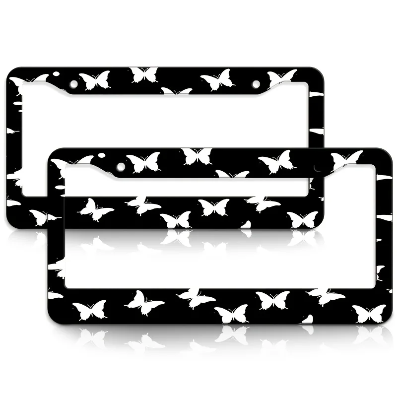 White Butterfly Print License Plate Frame Black Butterfly Pattern Aluminum Car Tag Cover Cute Car Exterior Accessory