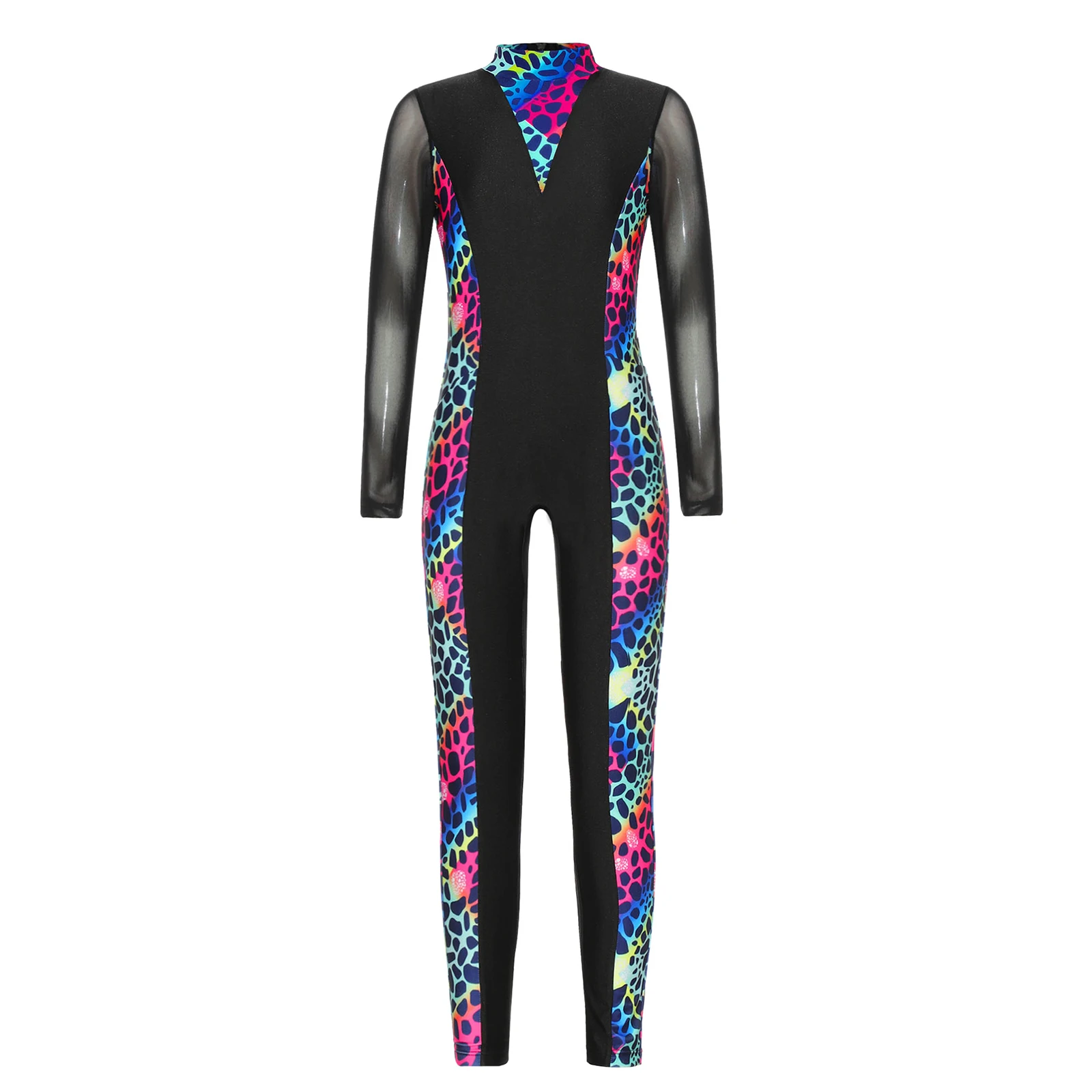 

Kids Girls One-piece Full Length Sport Jumpsuit Dance Performance Costumes Mock Neck Long Sleeve Print Bodysuit Athletic Unitard