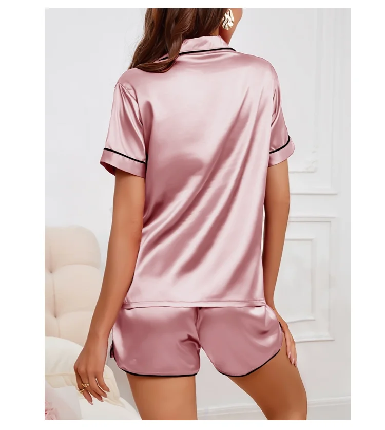 Damen-Pyjama-Lounge-Set, herzgestickte Tasche, Heimkleidung, Sommer-Kurzarmshirt und Shorts, Pyjama, 2-teiliges Set, Pyjama – Detail 14