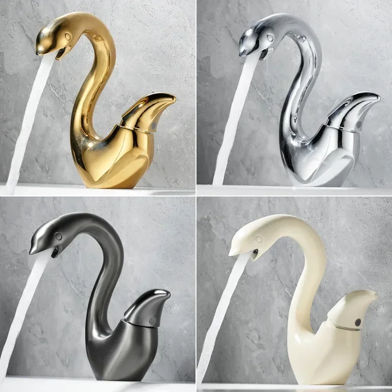 Gold creative swan basin faucet full copper bathroom cabinet washbasin hot and cold faucet toilet gun gray