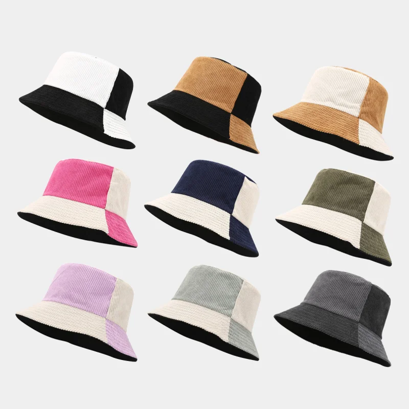New Retro Corduroy Two-Color Stitched Fisherman Hat for Women Trendy Workwear Style Couple Bucket Hat