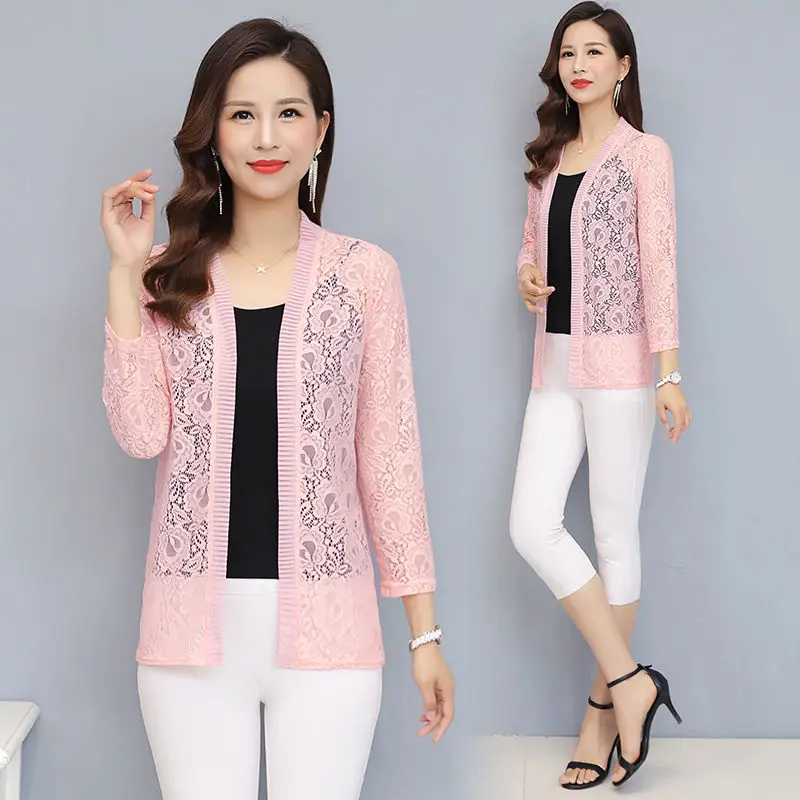 2024 Autumn Summer  6XL Hollow Lace Cardigan Women Female Cardigans Solid Color  Shawl Coat Ladies Outerwear E112