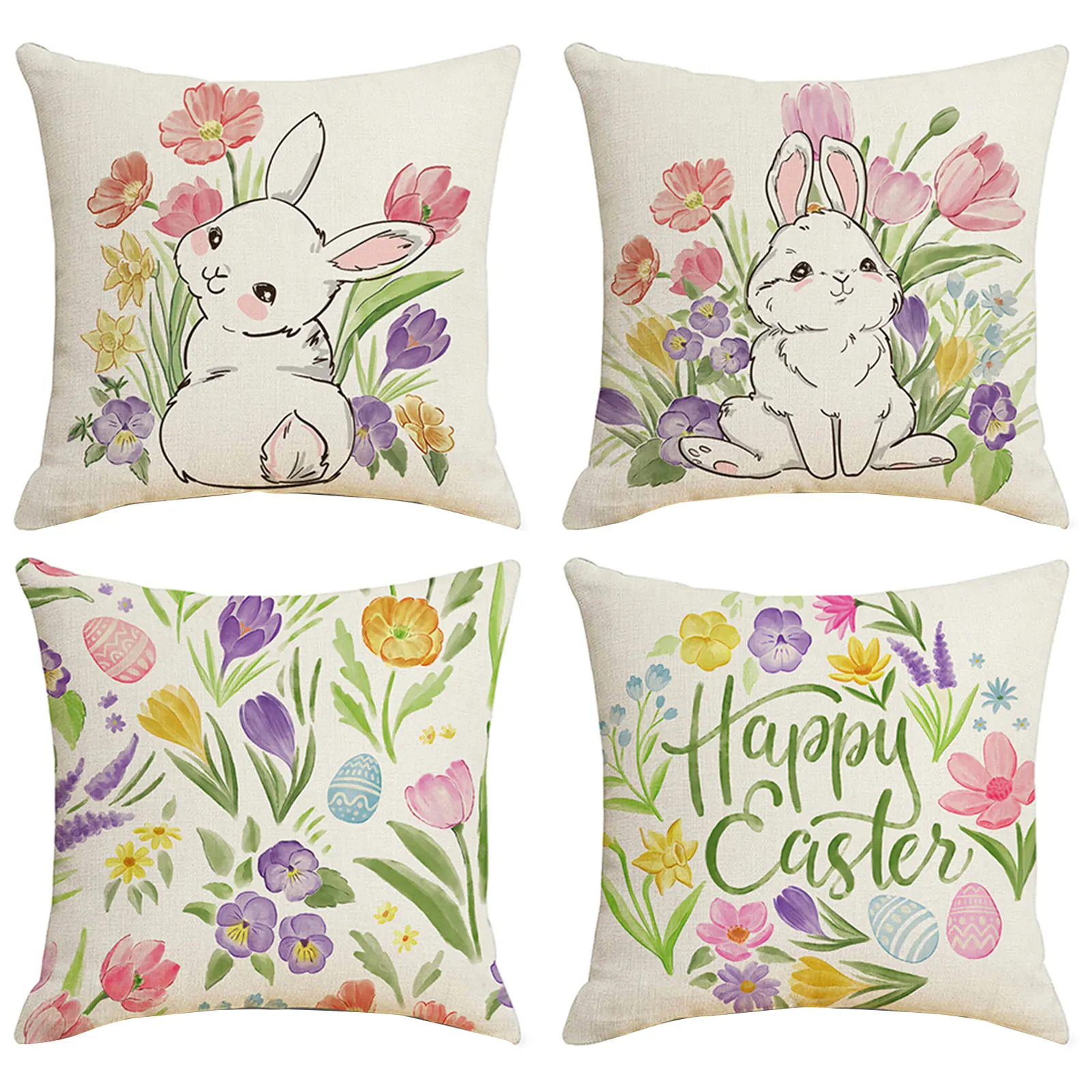 4Pcs Easter Printed Festival Cushion Cover Washable Decorative Cushion Sleeve 18x18in Bed Headboard Pillowcase for Home Decor