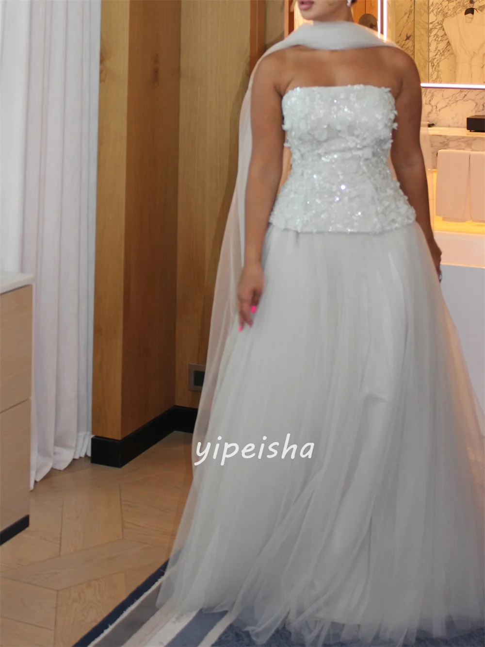Abiti lunghi senza spalline dritti increspati con paillettes in tulle abbinato in stile moderno personalizzato Abiti da cerimonia su misura Classici formali