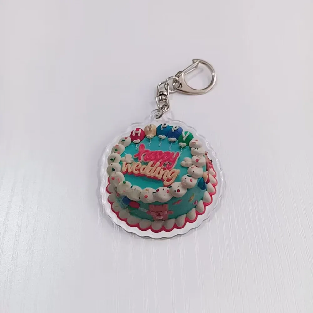 Diy jóias material acrílico bolo de aniversário chaveiro semi transparente com fivela chave cordão lembrança presentes feminino masculino