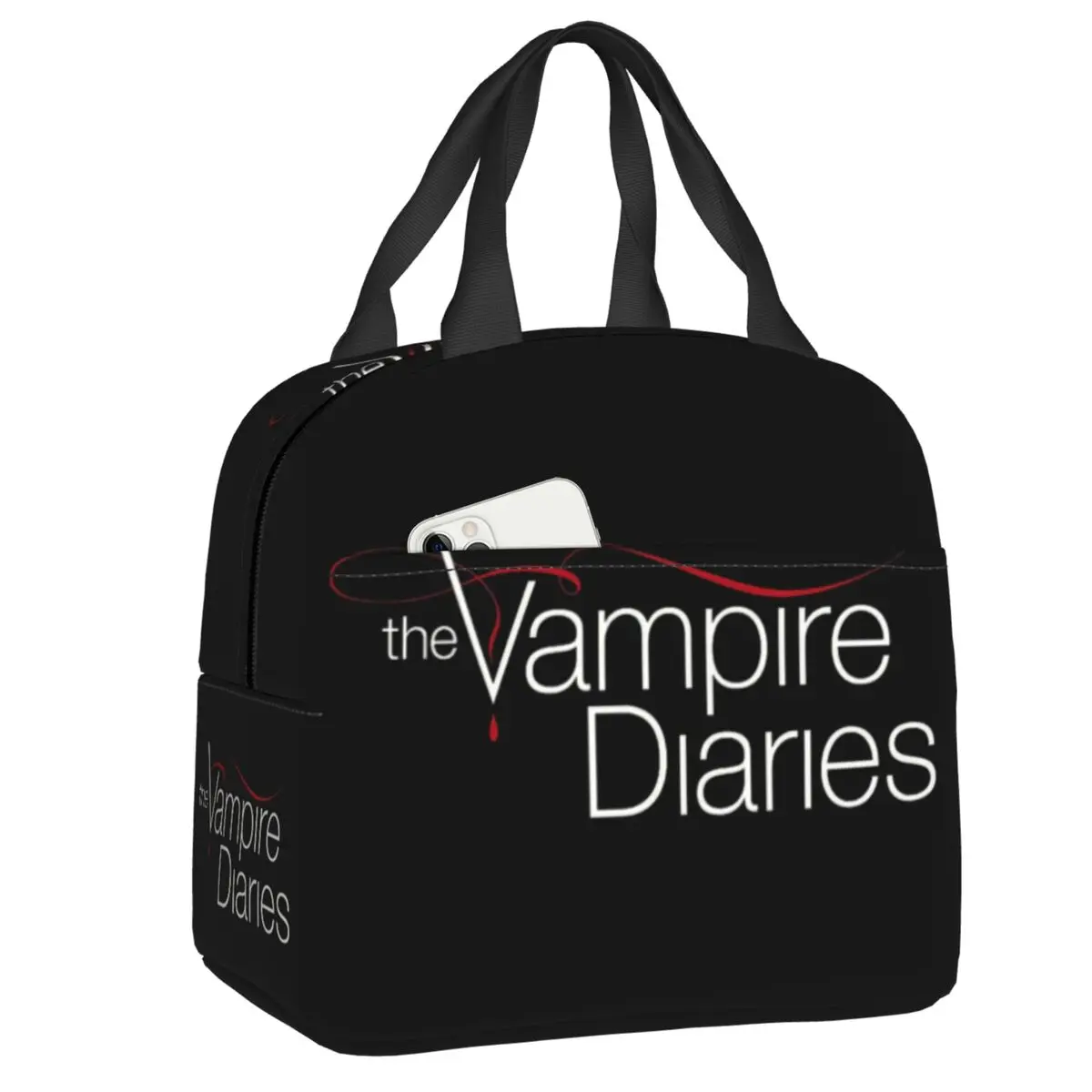 

Custom The Vampire Diaries Resuable Lunch Boxes for Women Multifunction Somerhalder Cooler Thermal Food Insulated Lunch Bag