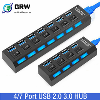 Grwibeou USB 2.0 3.0 Hub USB Hub 3.0 Multi USB Splitter Use Power Adapter 4/7 Port Multiple Expander 2.0 USB3.0 Hub With Switch