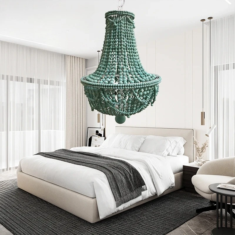 Retro Green Bohemia Wooden Beads Chandelier American Modern Rustic Farmhouse Chandelier For Living Room Bedroom Kitchen Villa