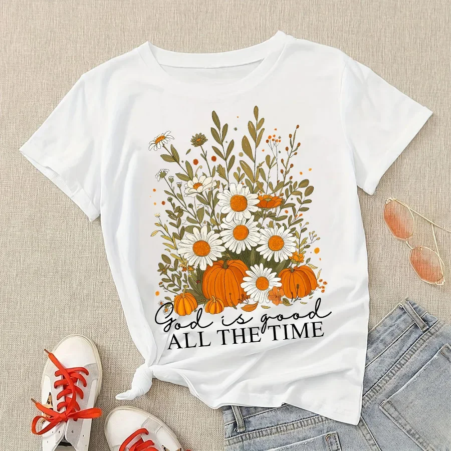 

Halloween Women Tshirt Christian Fall Pumpkin Floral T-shirts Short Sleeve Cotton Graphic Tops Vintage Female Clothing