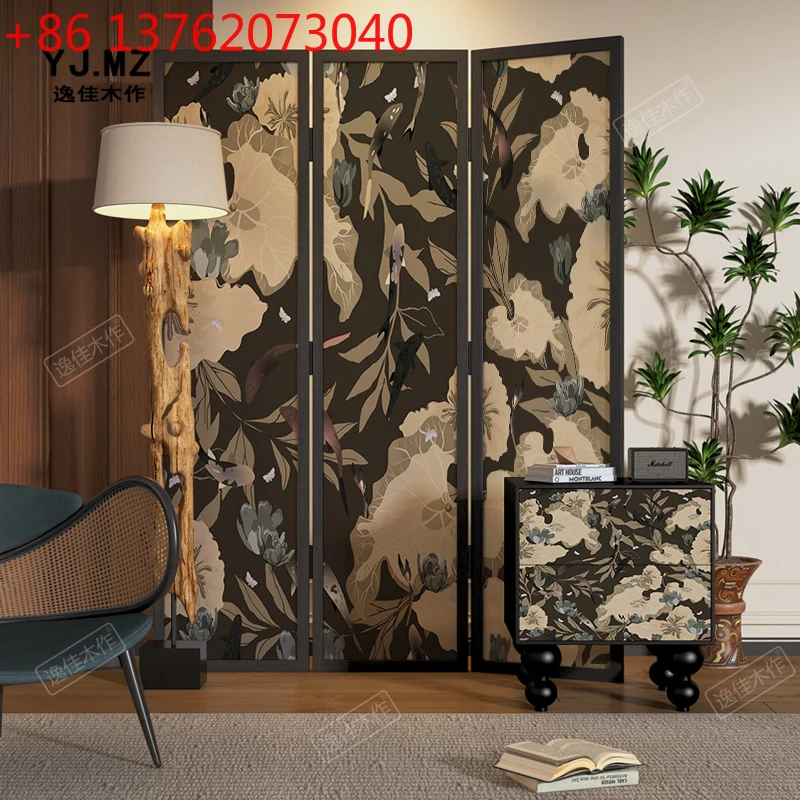 French vintage flower solid wood screen partition living room floor-to-ceiling folding screen
