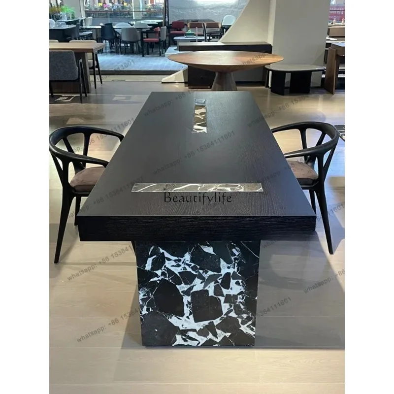 HJ Italian minimalist black and white flower marble solid wood dining table modern minimalist dining table
