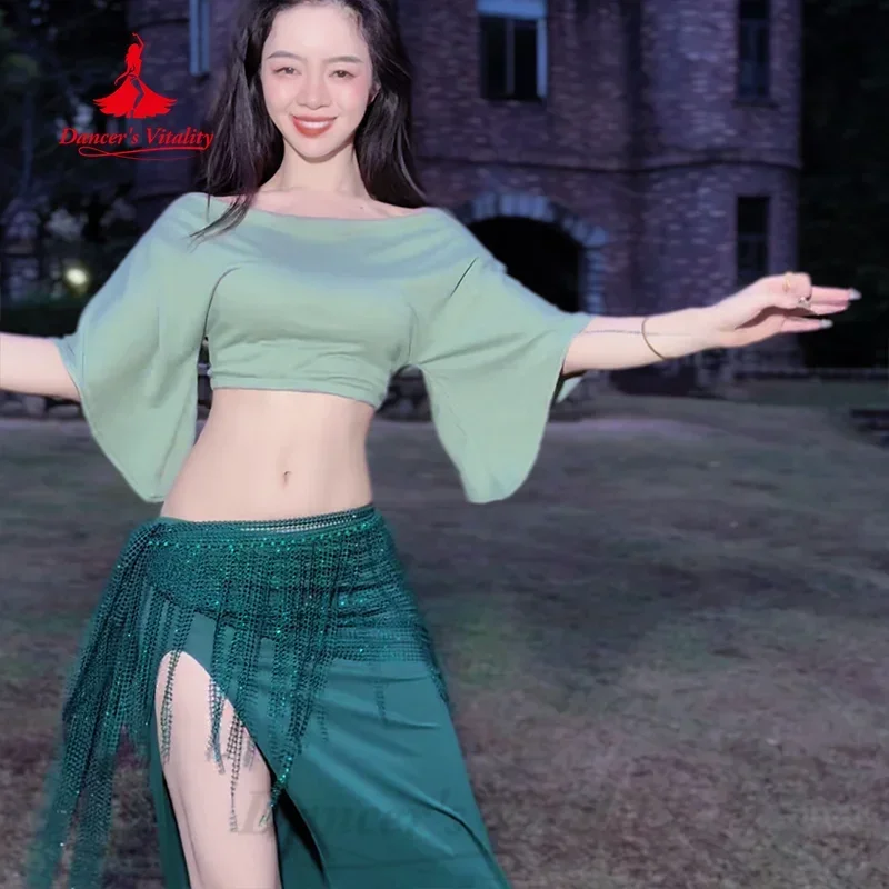 Belly Dance Practice Clothing for Women Loose and Comfortable Top+Sexy Split Long Skirt 2pcs Oriental Dancing Training Clothes