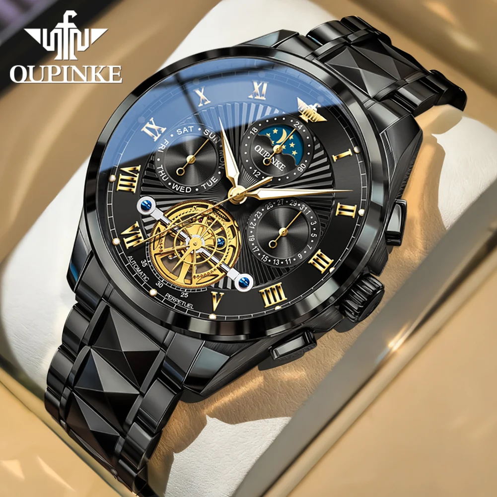 OUPINKE 3322 Heren Mechanisch Horloge Origineel Luxe Wolframstaal Multifunctioneel Skelet Tourbillon Automatisch Horloge voor Heren