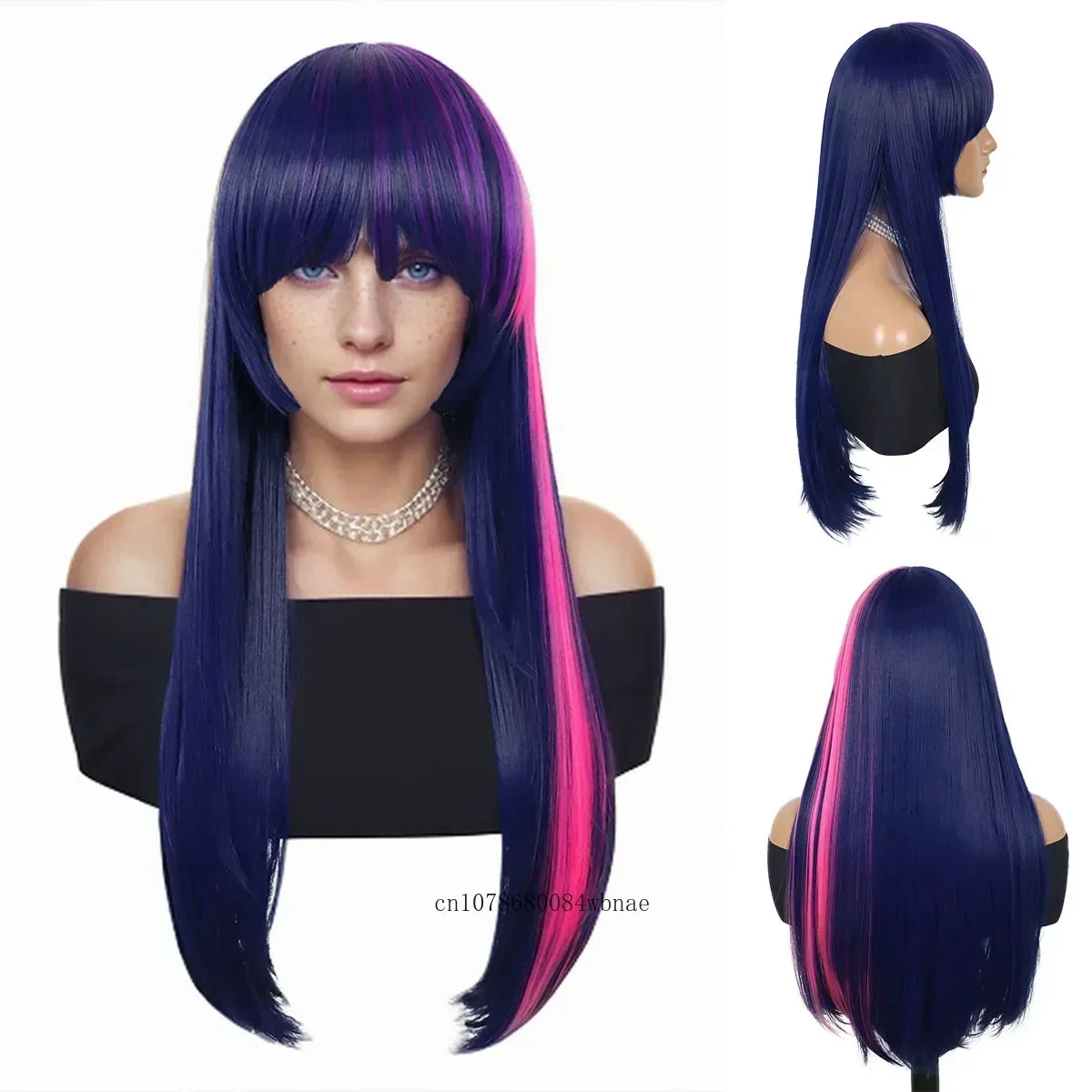 

Синтетический длинный прямой темно-синий смешанный розовый парик с челкой для женщин, аниме, костюм с героями мультфильмов, парики для Хэллоуина, косплея, вечерние