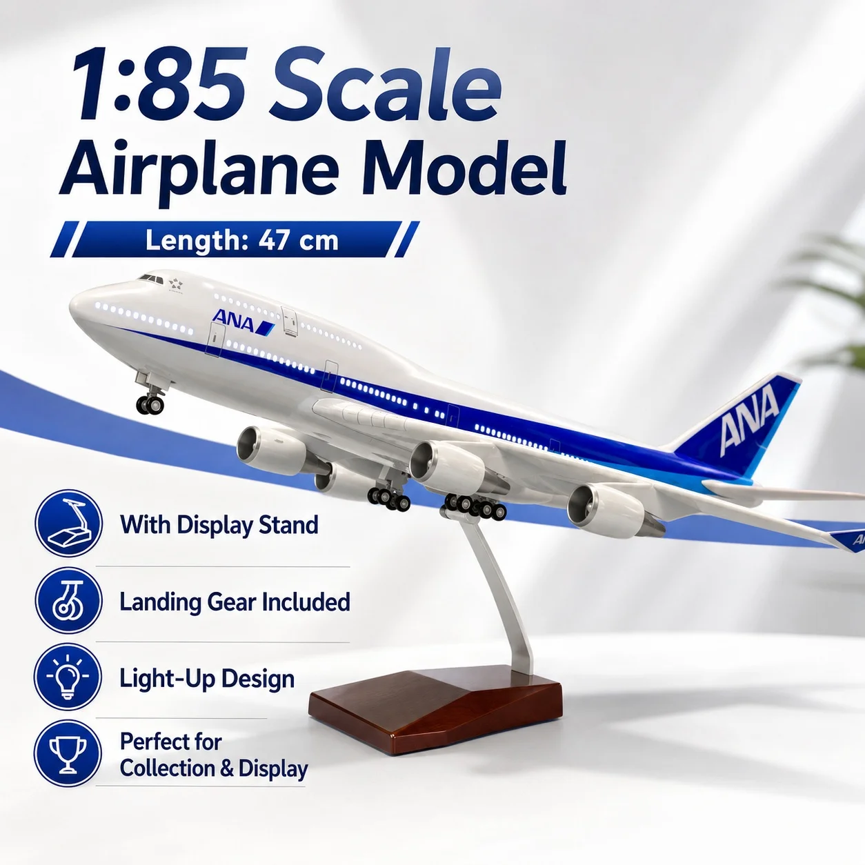 47cm Japan ANA B747 Aircraft Model With Bracket Landing Gear 1/85 Scale Die-Cast Resin Aviation Collectible Gift