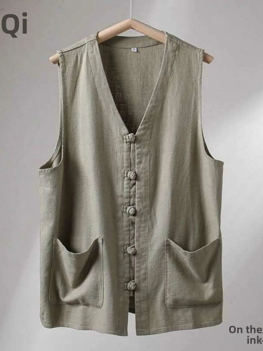 

Летний тонкий хлопковый льняной жилет с высоким воротником, свободный крой, молодежный модный полосатый узор, деловой повседневный жилет для среднего возраста...