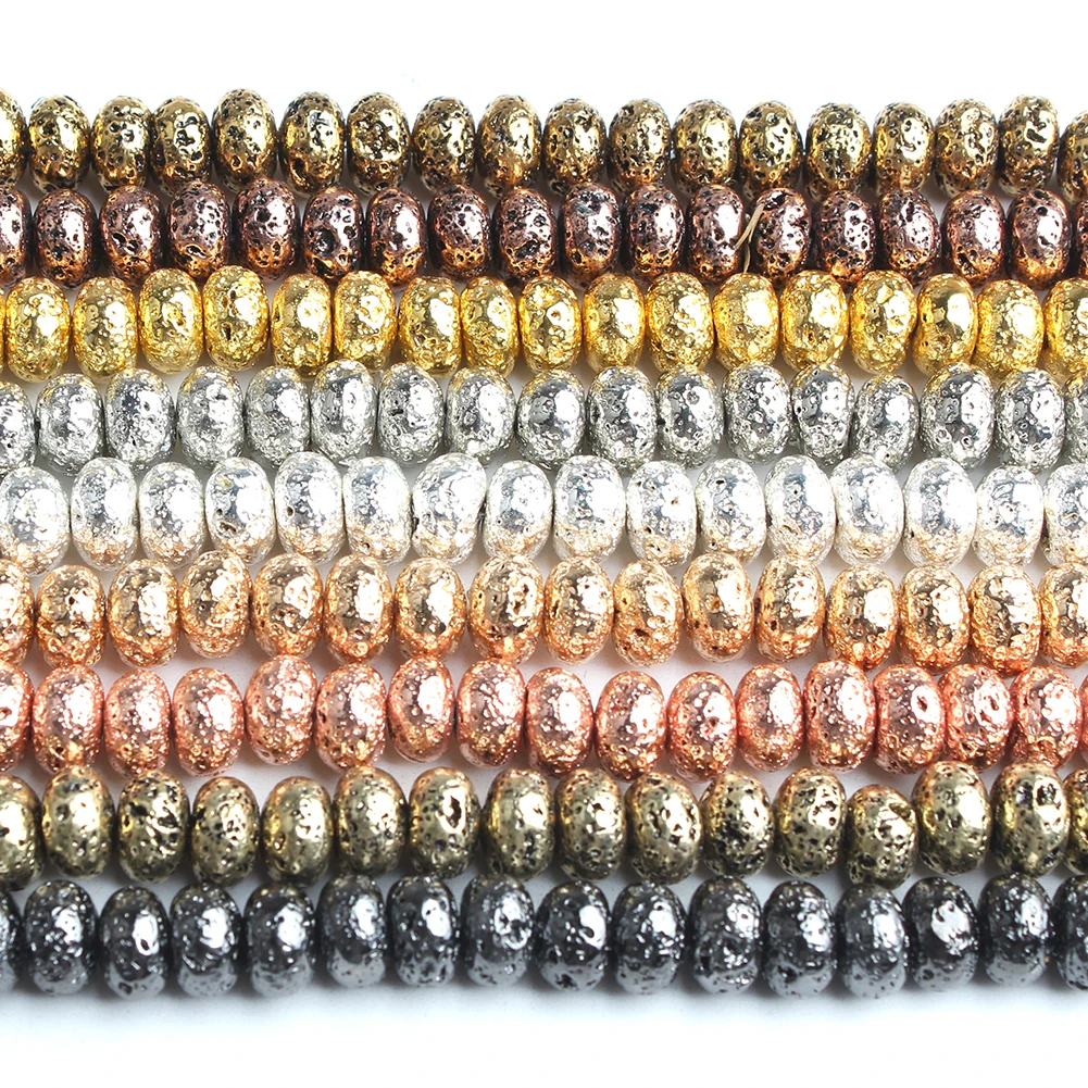 6/8/10mm Rondelle Plated Gold Volcanic Lava Bead Natural Stone Abacus Loose Beads for Jewelry Making DIY Bracelets Accessories