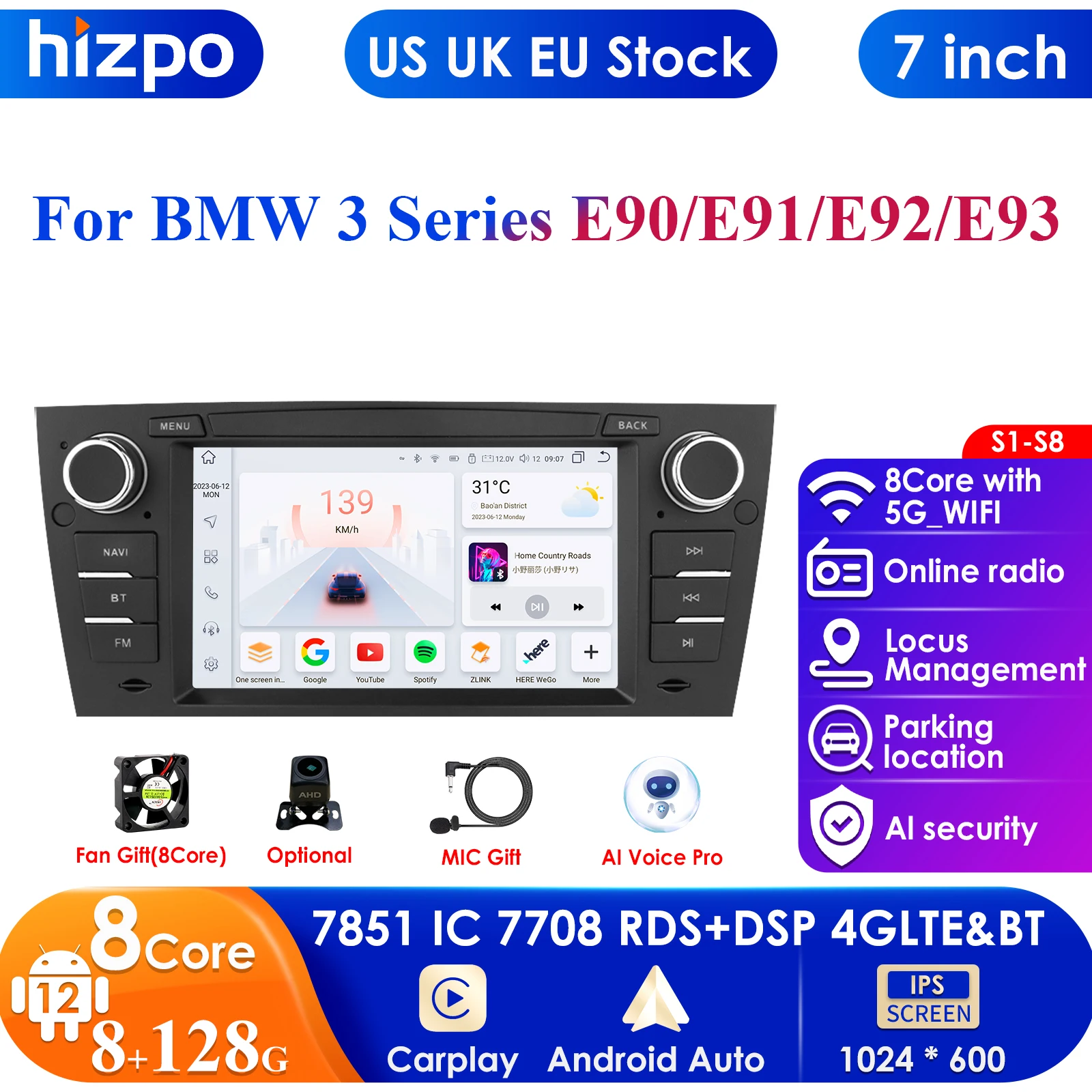 7'' 7862 AI 2din Android 13 Car Radio Multimedia Video Player for For BMW 3-Series E90 E91 E92 E93 Navigation GPS Carplay 4G RDS